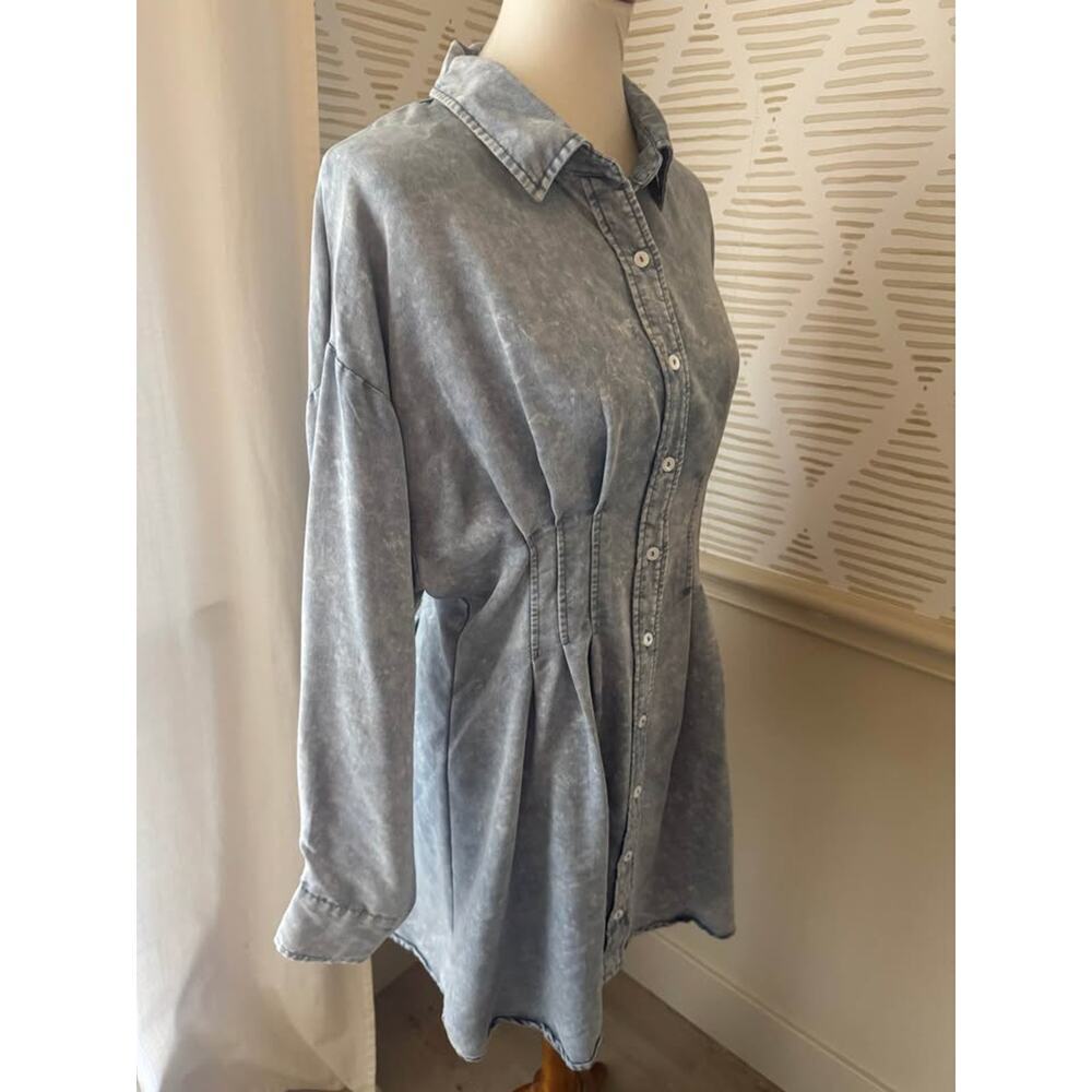 Entro Women’s Medium Faux Acid Wash Denim Button Up Mini Dress - Picture 6 of 7